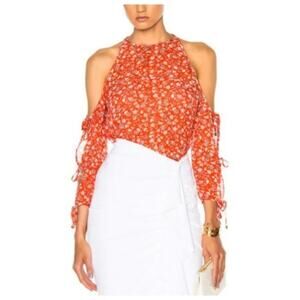 Veronica Beard Flynn Cold Shoulder Red Floral Silk Blouse Size 2